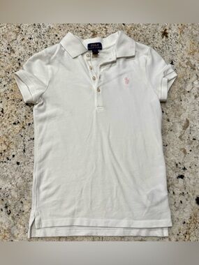 Polo Ralph Lauren Girls White Polo Shirt Pink Pony Logo Size M 8-10
